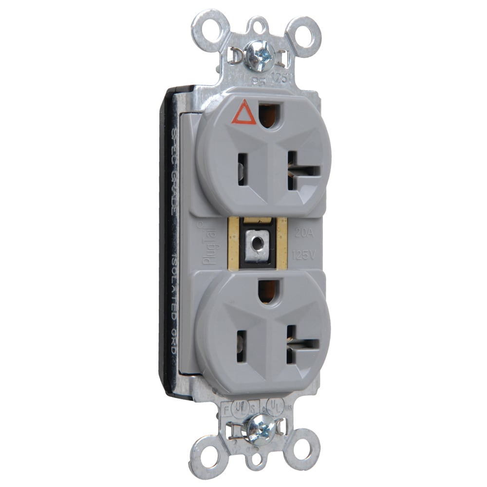 PlugTail Isolated Ground Spec Grade Duplex Receptacle 20amp 125volt Gray