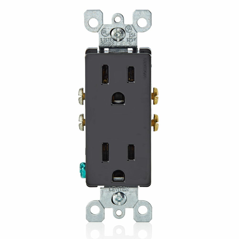 15 Amp, 125 Volt, Decora Duplex Receptacle, Residential Grade, Grounding, Ebony