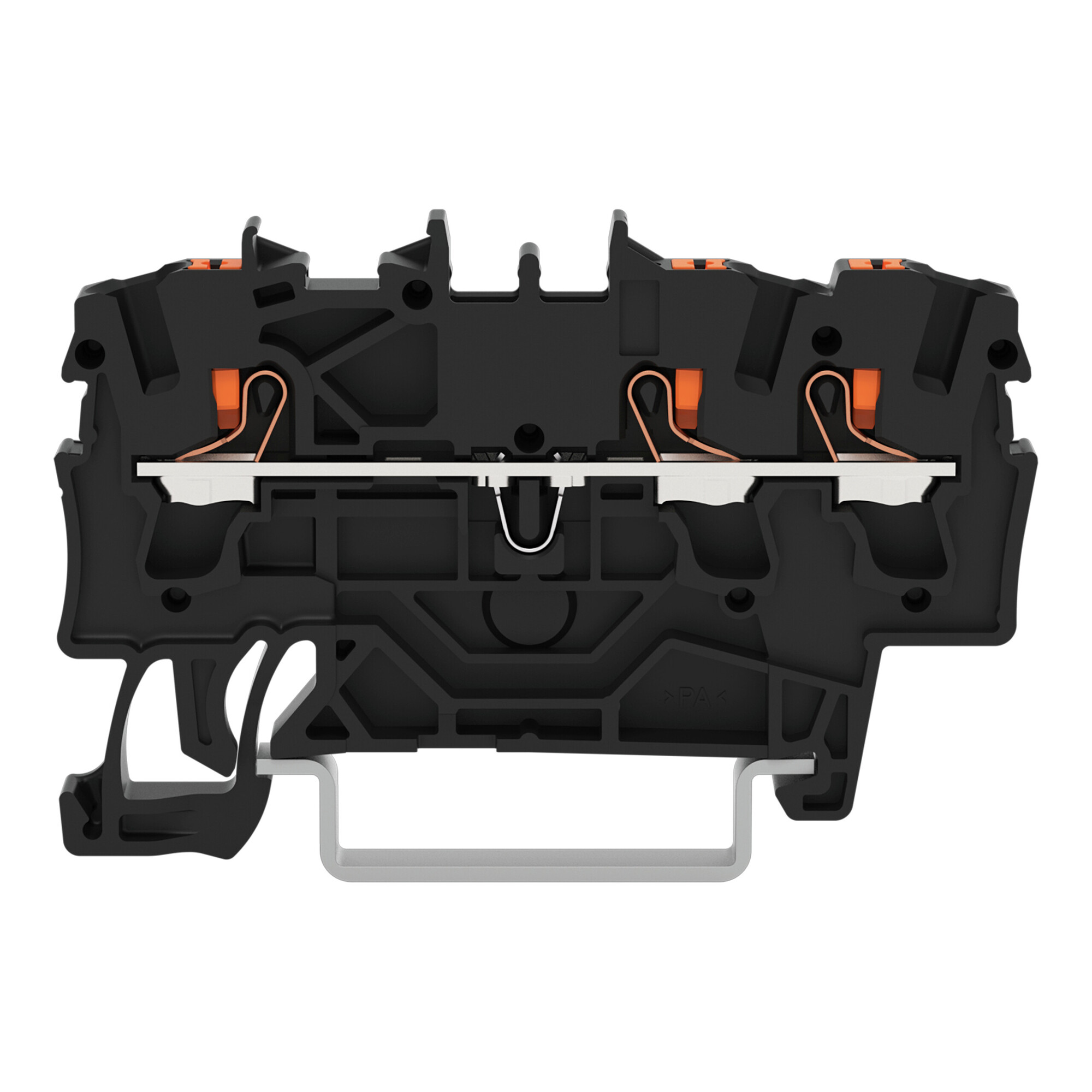 3-conductor through terminal block; with push-button; 2.5 mm; with test port; for Ex e II and Ex i applications; side and center marking; for DIN-rail 35 x 15 and 35 x 7.5; Push-in CAGE CLAMP; 2,50 mm; black