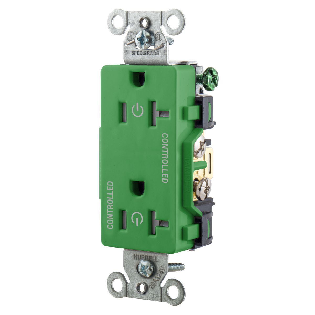 Straight Blade Devices, Tamper Resistant,Receptacles, Decorator Duplex,  Load Controlled, 20A 125V, 2-Pole 3-Wire Grounding, 5-20R, Back and Side Wired, Green