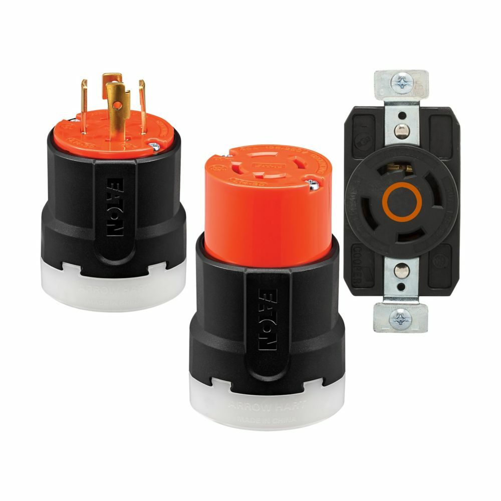 Eaton Arrow Hart Color Coded Locking Plug, #14-8 AWG, 20A, Industrial, 125/250V, Back, Orange, Black, Ultra grip, Nylon, L14-20, Three-pole, Four-wire, Nylon, 0.38 - 1.16" (9.5 - 29.5mm), -40C (w/o impact) to 60C (-40F to 140F)