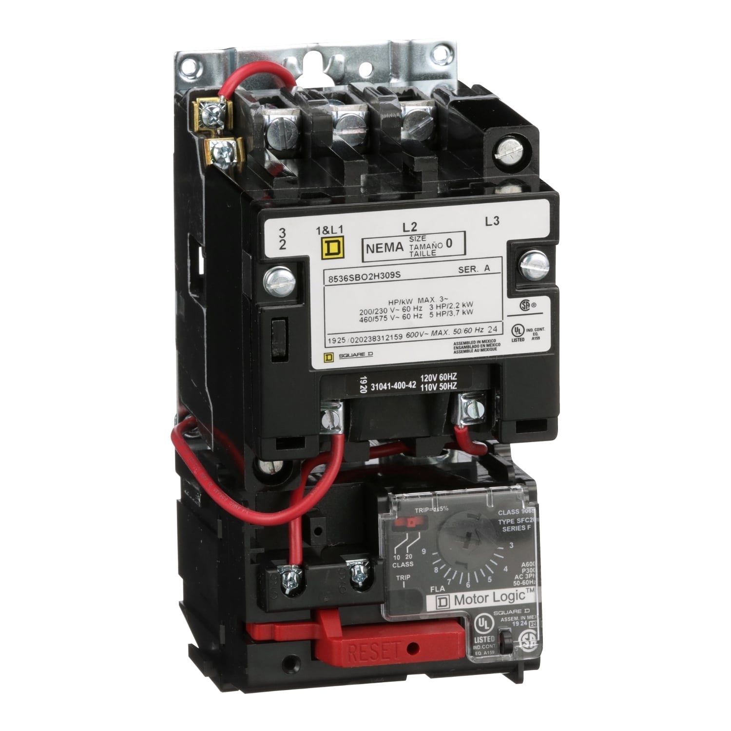 NEMA motor starter, Type S, nonreversing, Size 0, 18A, 5HP at 460VAC, up to 100kA SCCR, 3 phase, 3 pole, Motor Logic, 120VAC coil, open [TAA]
