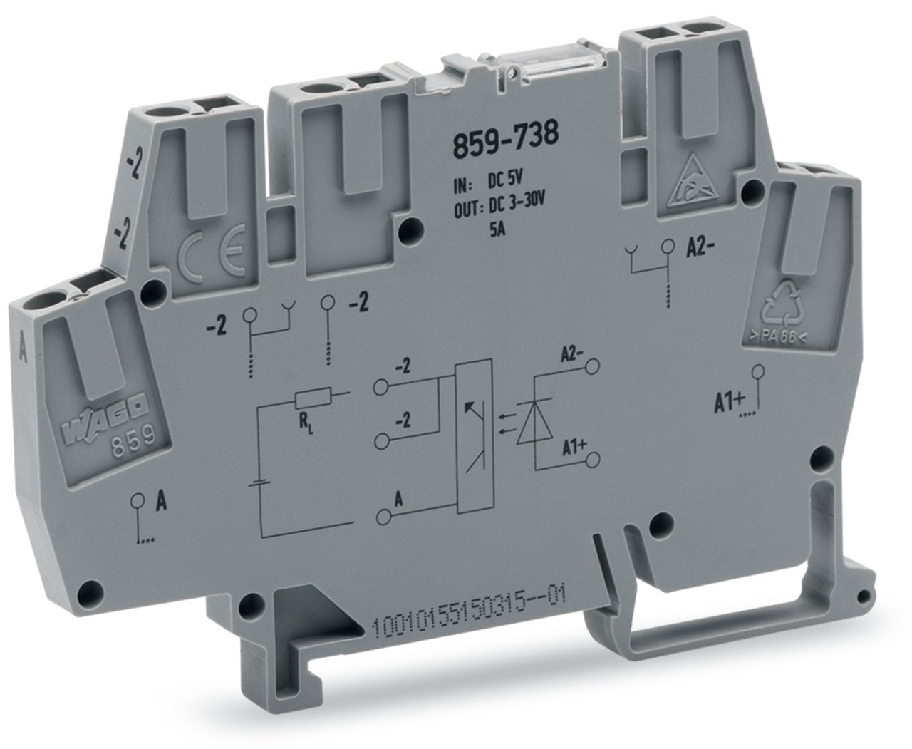 Optocoupler module; Nominal input voltage: 5 VDC; Output voltage range: 3  30 VDC; Limiting continuous current: 5 A; 2-wire connection; Red status indicator; Module width: 6 mm; gray