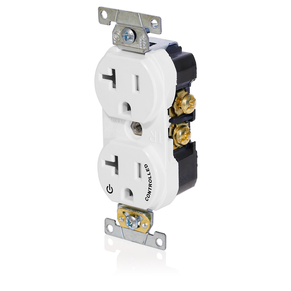Tamper Resistant Duplex Receptacle, 2-Pole 3-Wire, NEMA 5-20R, 20A-125, White, Back And Side Wired, Commercial Spec Grade, Hot Terminal Split W/1 Plug Controlled Markings Universal Marking Orientation