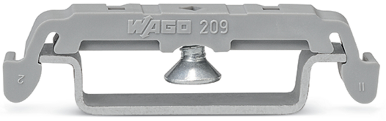 Mounting foot with screw; can be screwed on terminal blocks with fixing flange; 6.4 mm wide; gray