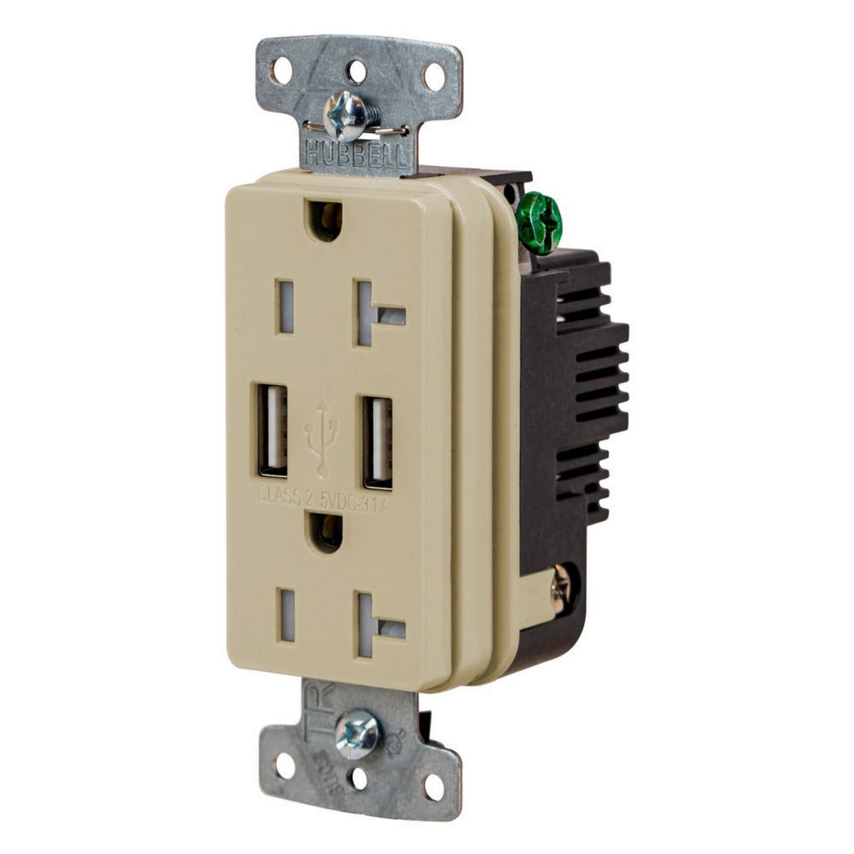 USB Charger Duplex Receptacle, 20A 125V,2-Pole 3-Wire Grounding, 5-20R, 2) 3.1 A USB Ports, Brown