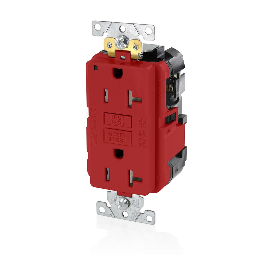 20 Amp, 125 Volt, SmartlockPro Slim Lev-Lok GFCI Self-Test Receptacle, Extra-Heavy Duty Industrial Grade, Tamper-Resistant, 20A Feed-Through,NEMA 5-20R, 2P, 3W, Modular Terminals  RED