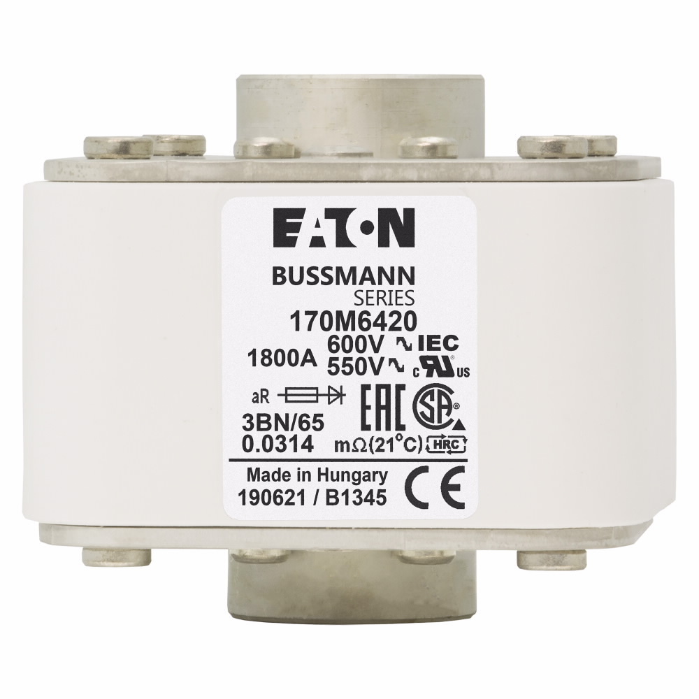 High Speed Fuses, 1800A, DC common bus, DC drives, power converters/rectifiers, AR, 200 kAIC RMS Symmetrical, Flush, Square body -B/- visual indicator, 700 Vac (UL), 690 Vac (IEC), 165W, IEC Rated, UL Recognized, 1800A RMS, 880000, Clearing