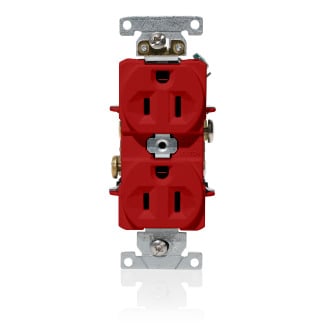 15 Amp, 125 Volt, NEMA 5-15R, 2P, 3W, Duplex Receptacle, Indented Face, Straight Blade, Fed Spec, Heavy Duty Industrial Specification Grade, Self-Grounding, Back & Side Wired, Steel Strap  RED