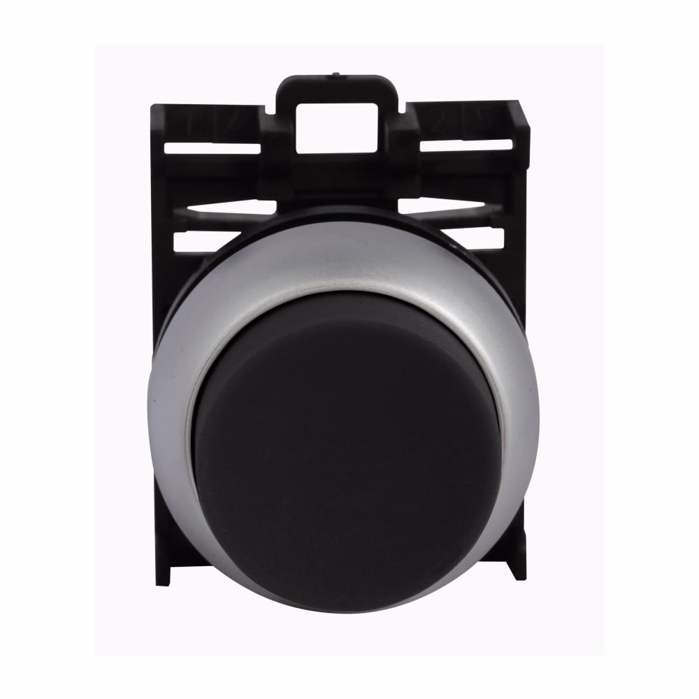Eaton M22 modular pushbutton M22 Modular Pushbutton Operator, 22.5 mm, Extended, Momentary, Non-illuminated, Bezel: Silver, Button: Black, IP67, IP69K, NEMA 4x, 13, 5,000,000 Million mechanical operations