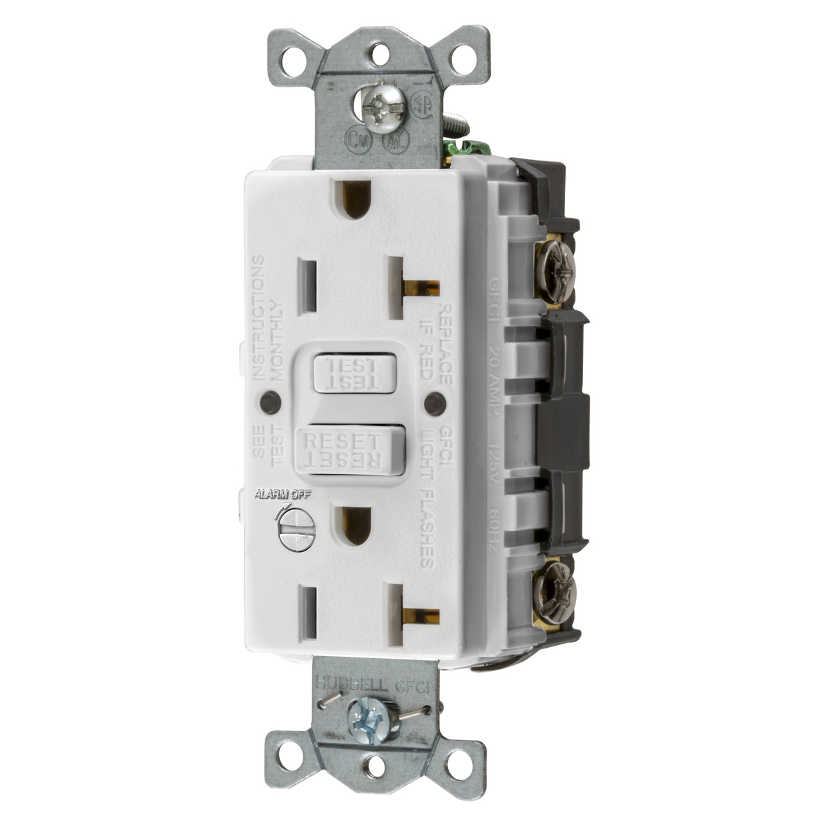 Power Protection Products, GFCIReceptacle, Self Test, Commercial Grade, 20A 125V, 2-Pole 3-WireGrounding, 5-20R, With Alarm, White