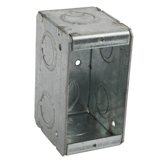 Single Gang Masonry Box, 16.5 Cubic Inches, 3-3/4 Inches Long x 1-7/8 Inches Wide x 2-1/2 Inches Deep, 1/2 Inch and 3/4 Inch Concentric Knockouts, Galvanized Steel, Welded Construction, For use with Conduit