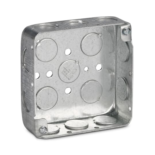 Square Box, 18 Cubic Inches, 4 Inch Square x 1-1/4 Inch Deep, 1/2 Inch Knockouts, Pre-Galvanized Steel, For use with Conduit