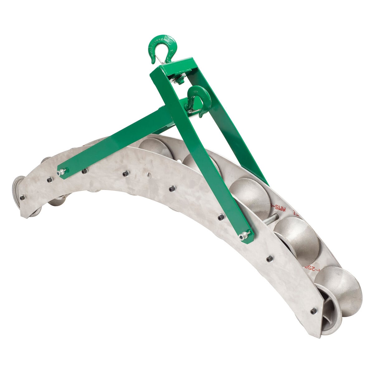 Conveyer Sheave 4,000 Pound Capacity 36" (914.4 mm) with 8 Sheave Wheels.  Welded steel frame with a series of sheaves to form a large radius.  Yokes with cast steel closure-type hooks with a 1" (25.4 mm) opening.  5" (127 mm) wide aluminum alloy sheaves.  Use with any cable puller whose maximum pulling force is 4,000 lbs. (17.8 kN) or less.