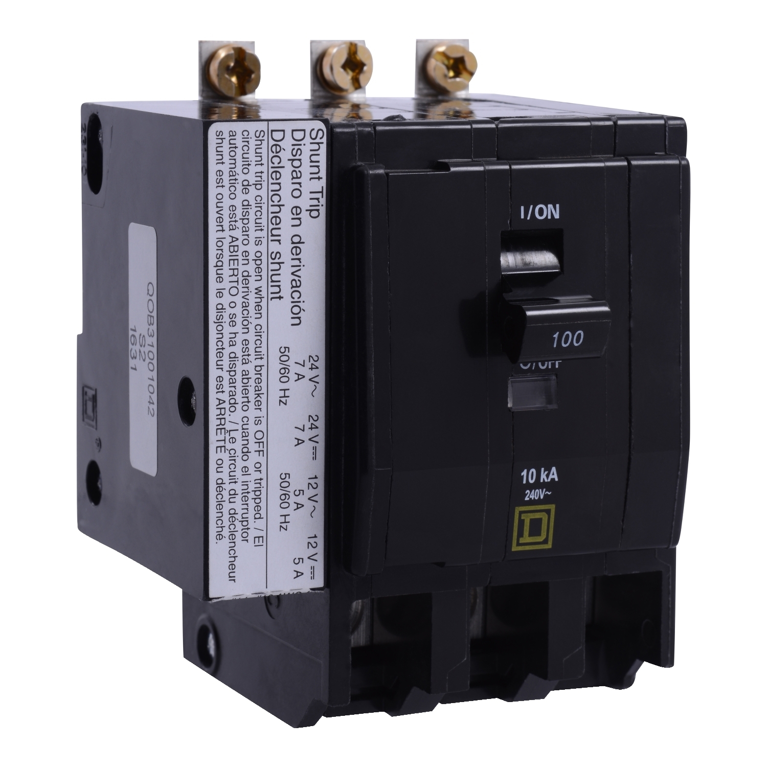 Mini circuit breaker, QO, 100A, 3 pole, 120/240VAC, 10kA, bolt on, aux switch 1A