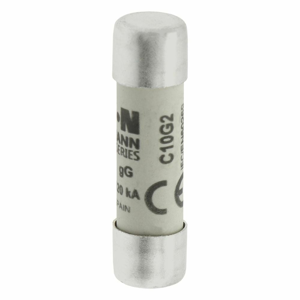 Eaton Bussmann series low voltage 10 x 38 mm cylindrical/ferrule fuse, rated at 500 Volts AC, 2 Amps, 120 kA Breaking capacity, class gG/gL, without indicator, compatible with a CHM Modular fuse holder