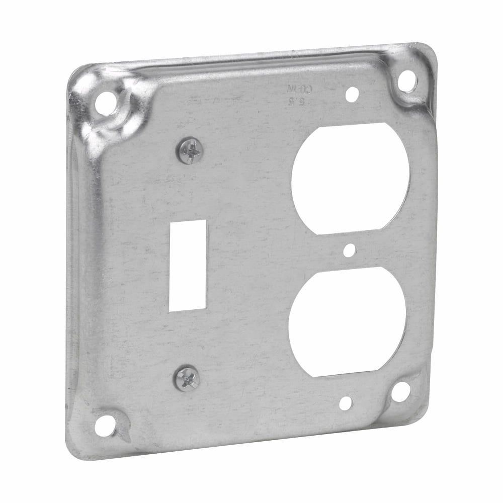 Eaton Crouse-Hinds series Square Surface Cover, 4", Raised surface, Steel, For one toggle switch and one duplex receptacle, 5.5 cubic inch capacity