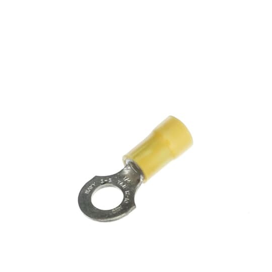Expanded Vinyl-Insulated Ring Terminal, Length 1.16 Inches, Width .50 Inches, Maximum Insulation .250, Bolt Hole #10, Wire Range #12-#10 AWG, Color Yellow, Copper, Tin Plated