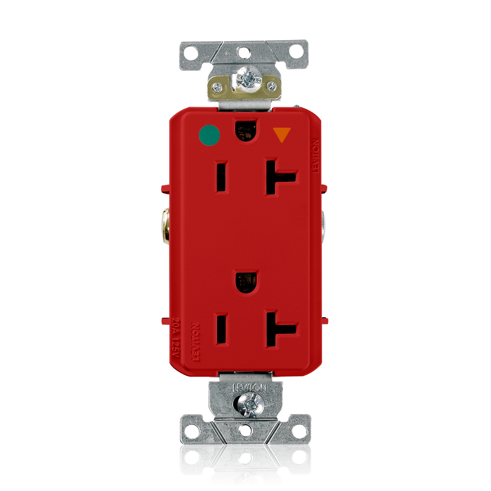 Decora Plus Isolated Ground Duplex Receptacle Outlet, Heavy-Duty Hospital Grade, Smooth Face, 20 Amp, 125 Volt, Back or Side Wire, NEMA 5-20R, 2-Pole, 3-Wire, Self-Grounding - Red