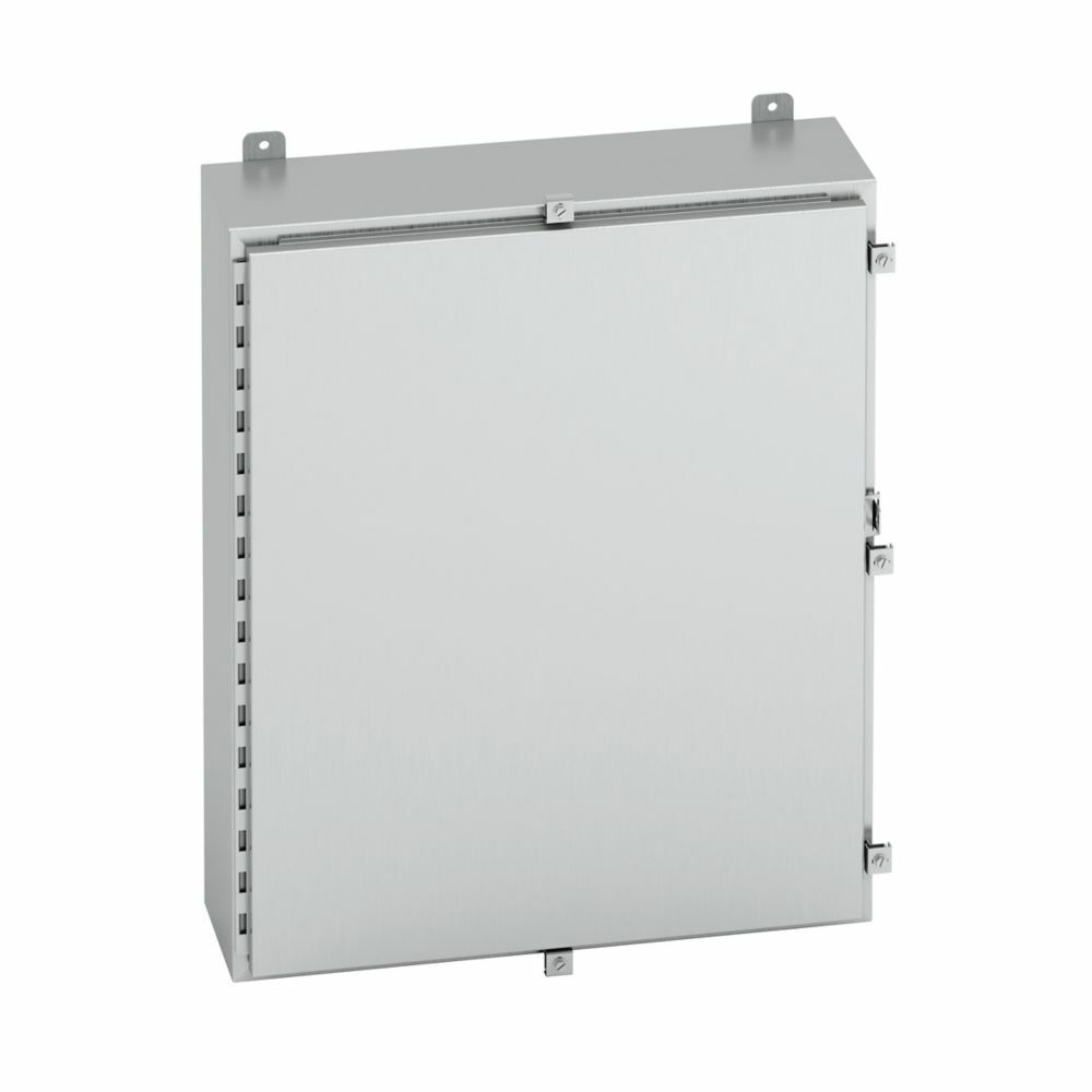 Eaton B-Line series wall mounted panel enclosure, 30" height, 8" length, 20" width, NEMA 4X, Hinged cover, 4XA enclosure, Wall mount, Medium single door, External mounting feet, Aluminum, Seamless poured in-place gasket