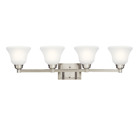 The Langford(TM) 35in; 4 light vanity light features a classic look with its gentle curves in Brushed Nickel finish and satin etched white bell shaped glass. The Langford vanity light is perfect in several aesthetic environments, including transitional and traditional.