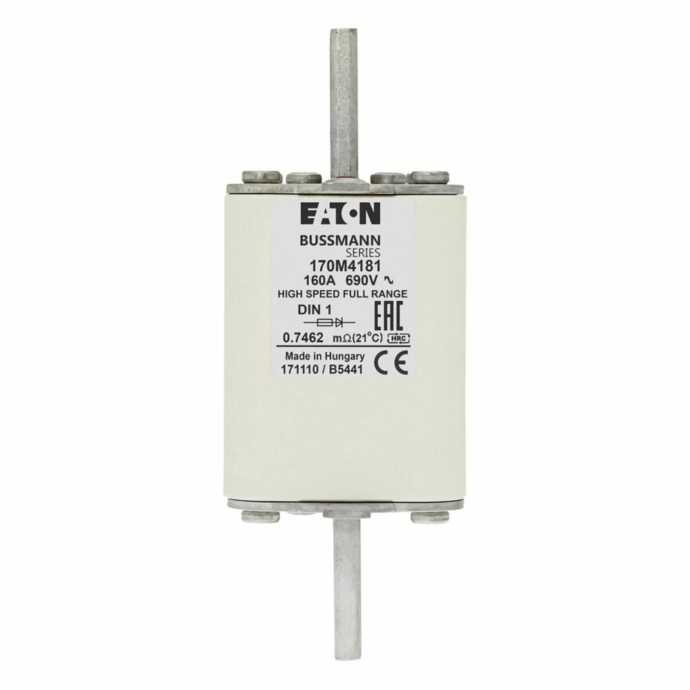 Eaton Bussmann series high speed square body fuse, 700V (UL), 690V (IEC), 160A, 200 kAIC, Top fuse status indicator, Fuse, Blade end X Din 43-620 blade end, Class gR, DIN 43 620