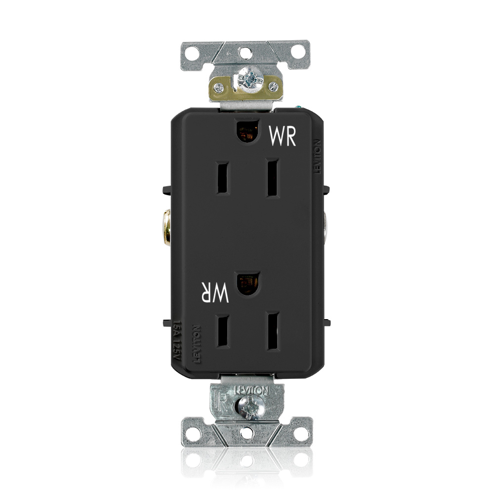 15 Amp, 125 Volt, NEMA 5-15R, 2P, 3W,Decora Plus DuplexReceptacle, Straight Blade, Fed Spec, Heavy Duty Industrial Specification Grade, Weather-Resistant, Tamper-Resistant, Self-Grounding, Back & Side Wired, Steel Strap  BLACK