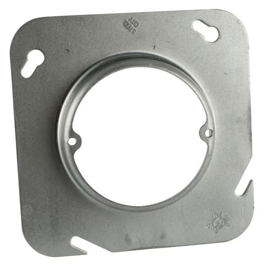 Square Box Cover, 4.3 Cubic Inches, 4-11/16 Inch Square x 3/4 Inch Raised, Pre-Galvanized Steel, Center Blanked with Tapped Ears on 2-23/32 Inch Centers