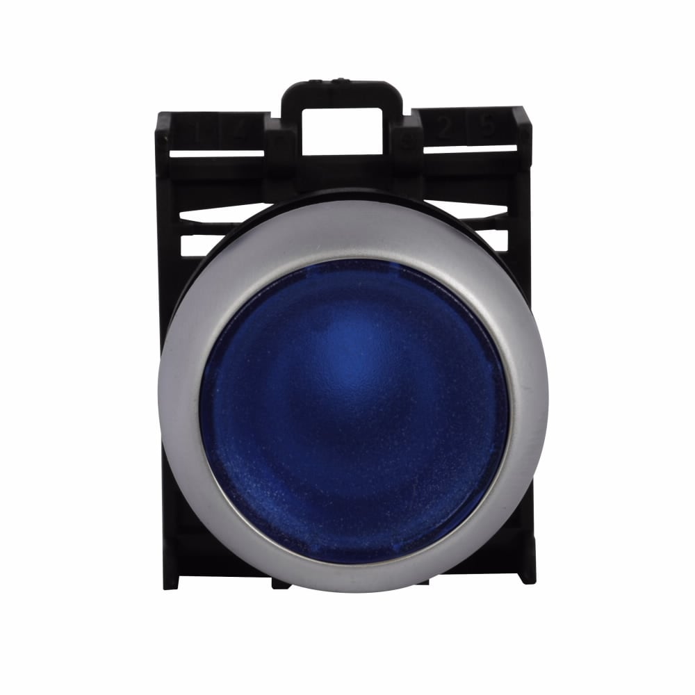 Eaton M22 modular pushbutton, 22.5 mm, Flush, Momentary, Illuminated, Bezel: Silver, Button: Blue, IP67, IP69K, NEMA 4x, 13, 5,000,000 Million mechanical operations