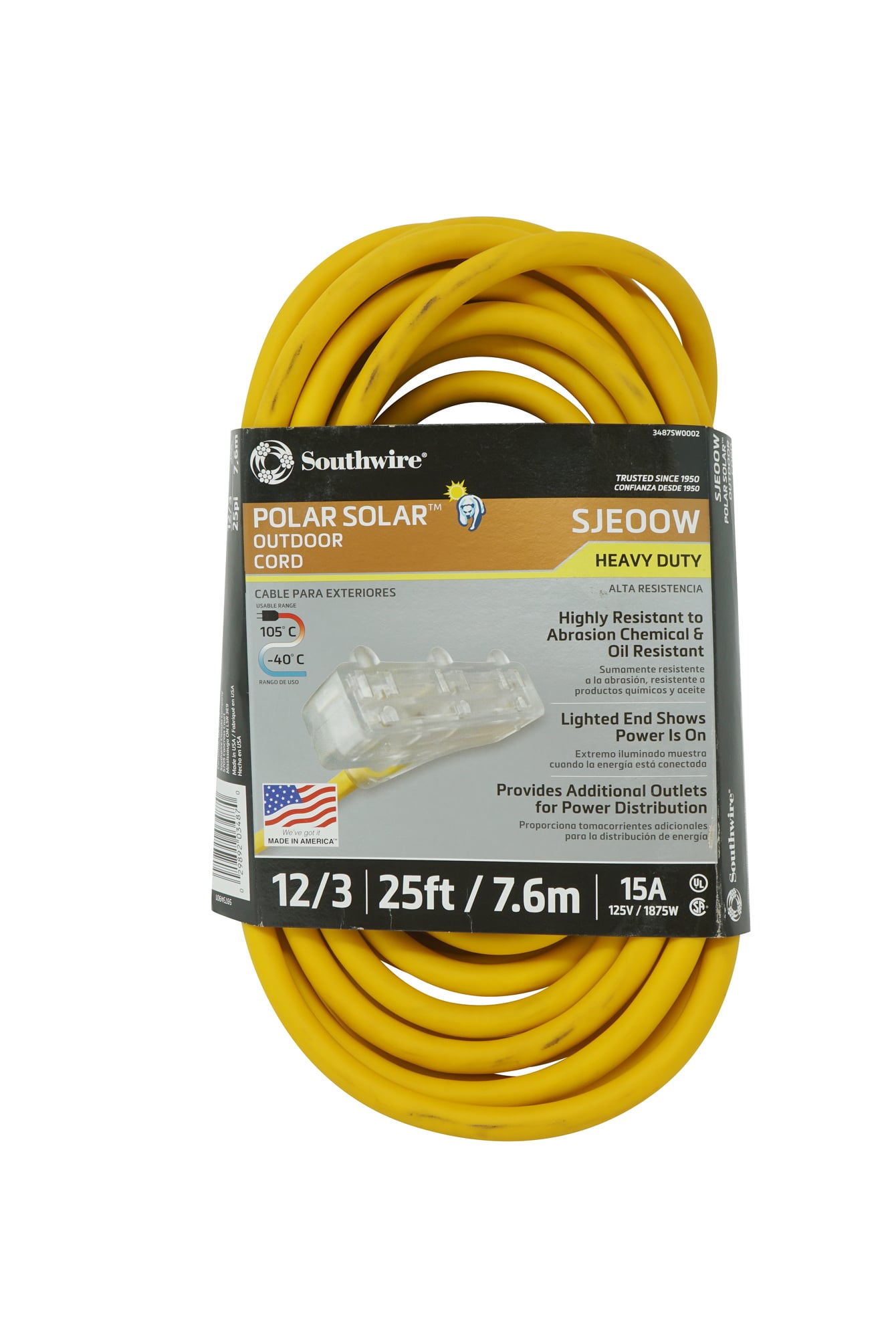 12/3 25' SJEOOW YELLOW POLAR/SOLAR TRISOURCE W/LIGHTED END