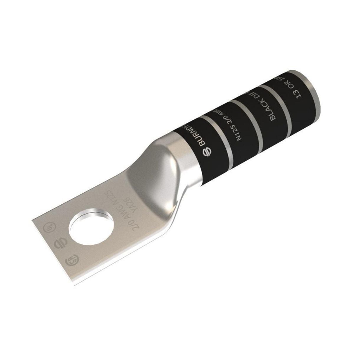 2/0 AWG CU, One Hole, 1/2 Stud Size, Long Barrel, Internal Chamfer, Tin Plated, UL/CSA, 90?C, Up to 35kV,BLACK Color Code, 13 Die Index.