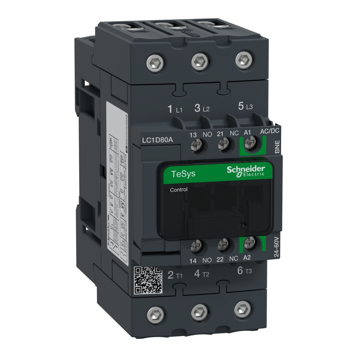 IEC contactor, TeSys Deca, nonreversing, 80A, 40HP at 480VAC, 3 phase, 3 pole, 3 NO, 24/60VAC/VDC coil, open style