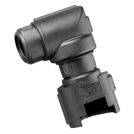 Hinged Connector Interface Fitting, 90 Degree Elbow with 360 Degree Swivel, 2-Way Deutsch DT Connector to Conduit, Conduit Size NC08/NW7.5, Operating Temperature -40 to 120 Degrees Celsius, RoHS Compliant, IP40 Rating, Very High UV Protection, Polyamide (Nylon), Black