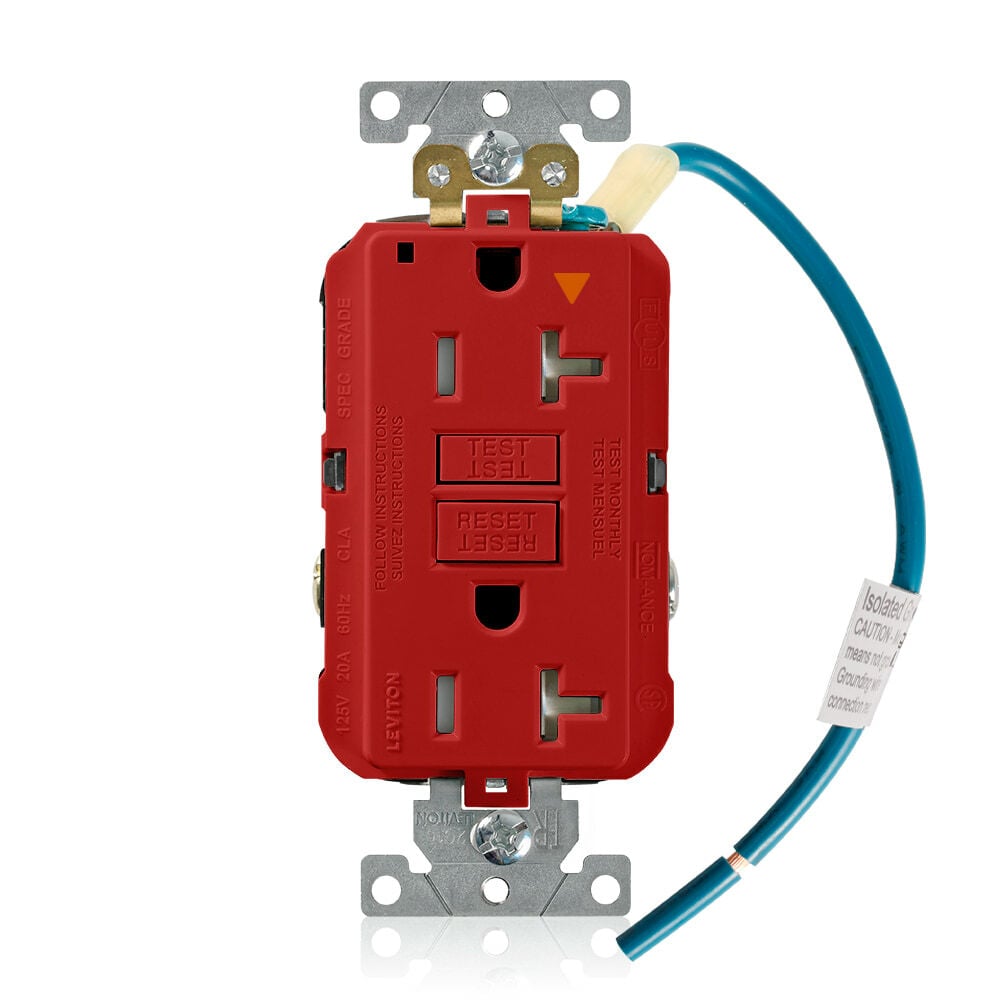 Self-Test, Isolated Ground, Tamper Resistant, Fed-Spec Slim GFCI Receptacle. NEMA 5-20R 20A-125V @ Receptacle, 20A-125V Feed-through, Lighted, Red, W/Red Test And Reset Button, With Mounting Screws, Washers, Instruction Sheets,