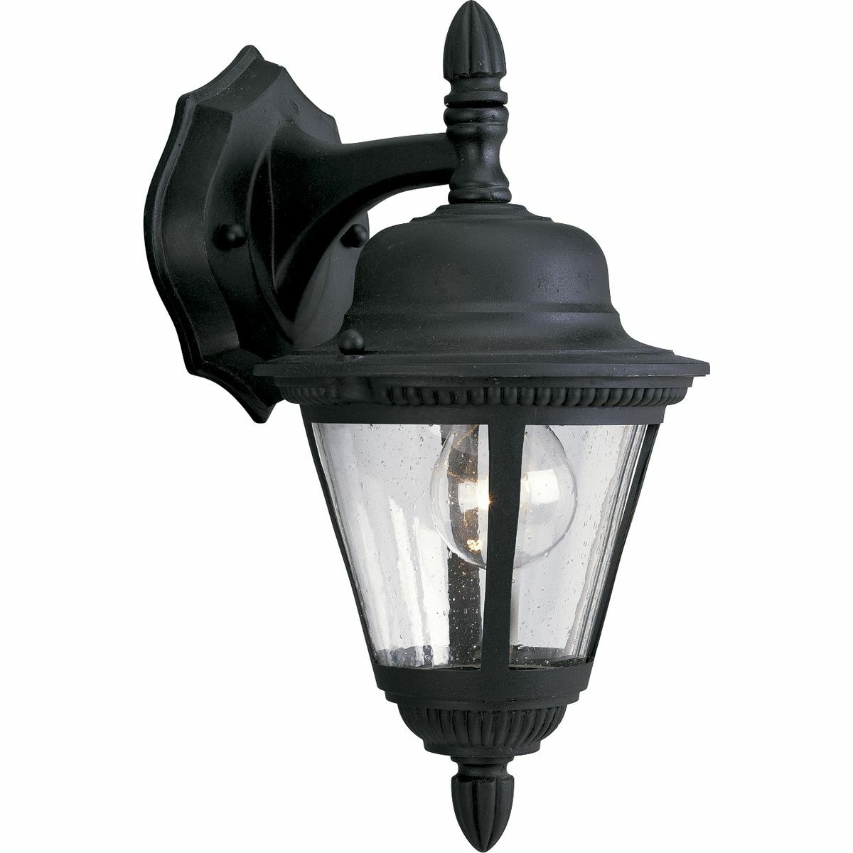 Add a touch of rustic appeal and classic styling with beaded detailing in the Westport collection. Clear seeded glass compliments the durable powder coat finish in die-cast aluminum frames. One-light small wall lantern. Textured Black finish.
