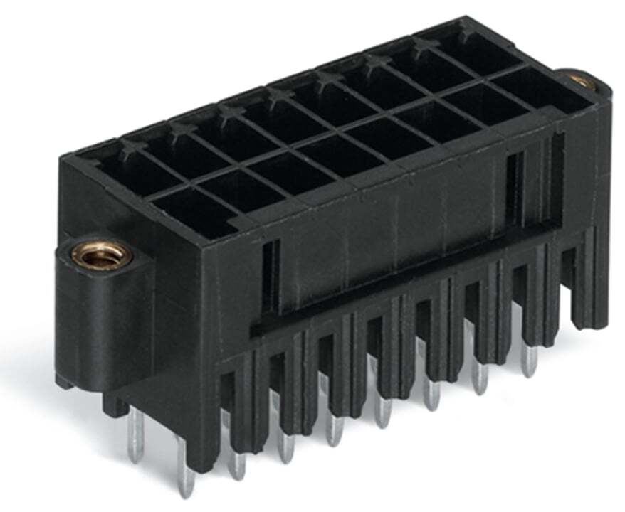 THT male header, 2-row; 0.8 x 0.8 mm solder pin; straight; 100% protected against mismating; Threaded flange; Pin spacing 3.5 mm; 22-pole; black
