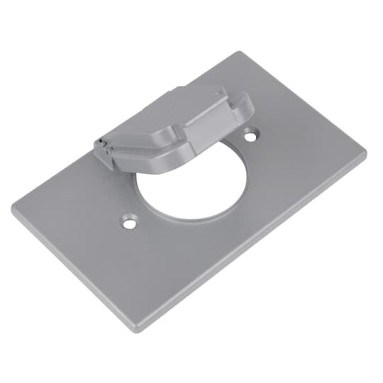 Single Gang Weatherproof Receptacle Cover, Silver, Zinc Alloy, 1 Single Receptacle Cover with 1.485 Inch Diameter Opening Horizontal, Device Mount