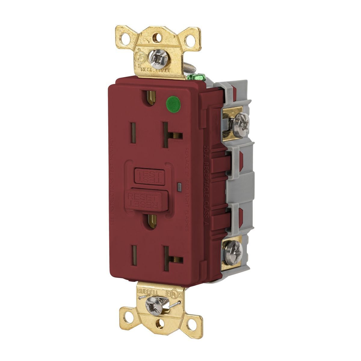 Straight Blade Devices, Receptacle, GFCI, Commercial Hospital Grade, Self Test, 20A 125V, 2-Pole 3-Wire Grounding, 5-20R, Red