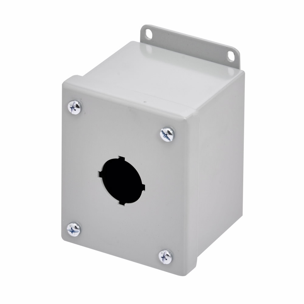 Eaton B-Line series push button enclosures, 4" height, 3" length, 3.25" width, NEMA 4X, Screw cover, PB4XS enclosure, Surface mounted, Small single door, External mounting feet, 304 stainless steel, Oil-resistant gasket