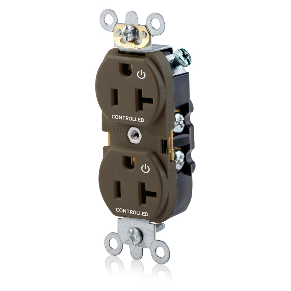 Duplex Receptacle. Narrow Body Design. 2-pole 3-wire. Nema 5-20R. 20A-125V Flat Face. Back And Side Wired. Industrial Spec Grade. Self Grounding.  2 Plugs Controlled Markings - Brown
