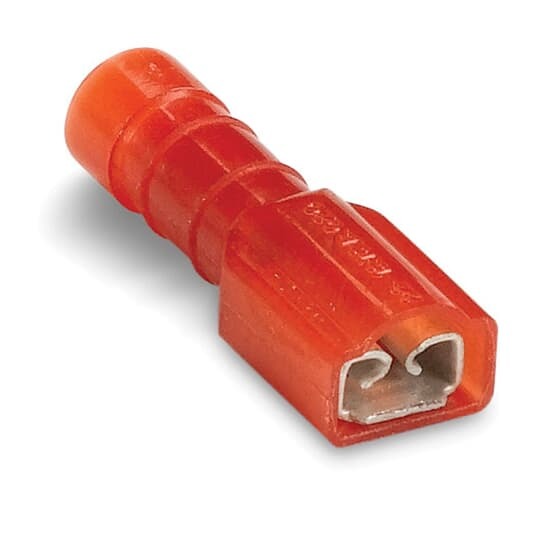 Nylon-Insulated Female Disconnect, Length .89 Inches, Width .30 Inches, Maximum Insulation .150, Tab Size .187x.020 Wire Range #22-#18 AWG, Color Red, Copper, Tin Plated, On Mylar Tape, 1,000 Pack