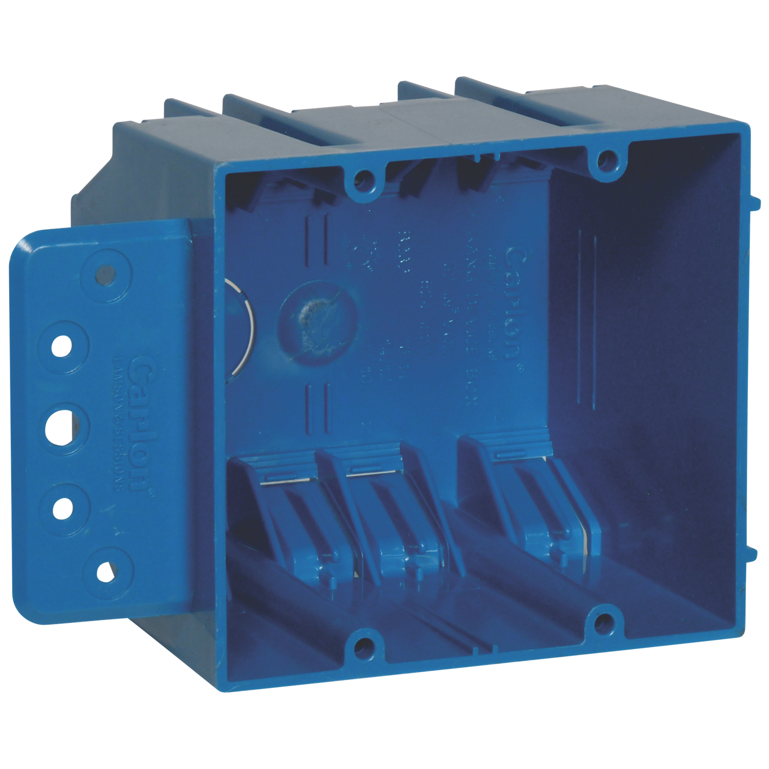 Two-Gang Bracket New Work Outlet Box, Volume 32 Cubic Inches, Length 3-3/4 Inches, Width 4 Inches, Depth 3 Inches, Color blue, Material PVC, Mounting Means Bracket for 3/8 Inch to 5/8 Inch Wallboard - Steel or Wood Stud Mounting
