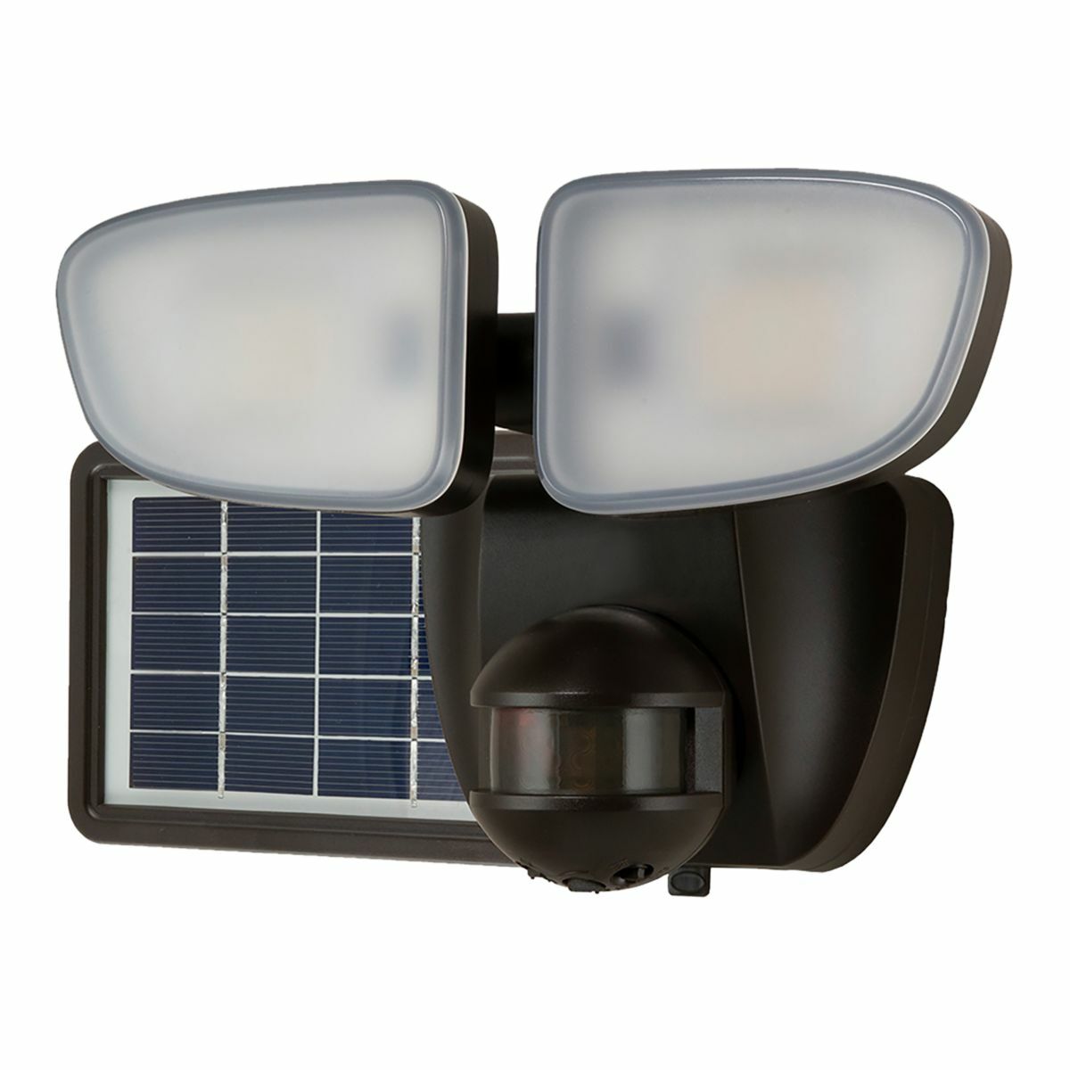 Solar Floodlight, 1000 Lumens (Nominal), Motion Flood, Twin Head Configuration, Bronze Finish.