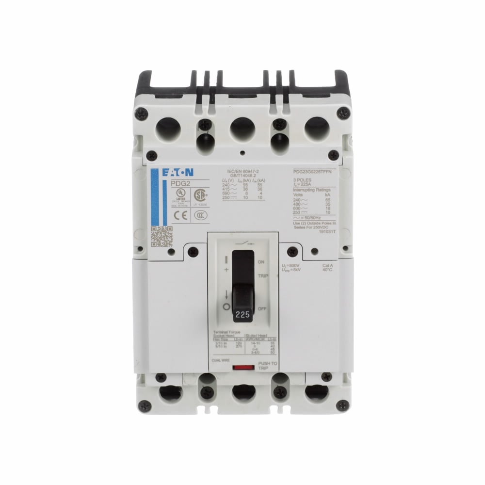 Eaton Power Defense molded case circuit breaker, Globally Rated, Frame 2, Three Pole, 20A, 25kA/480V, T-M (Fxd-Fxd) TU, Standard Line and Load (PDG2X3T100)