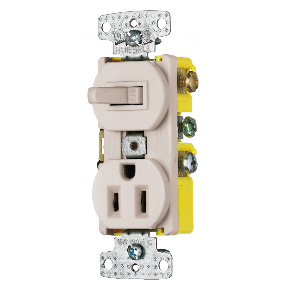 One Single-Pole Toggle One Single Receptacle Combination Device, Residential, 15A 120V AC, Self Grounding, Side Wired