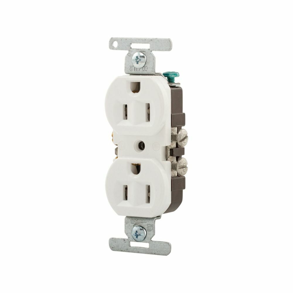 Eaton residential grade duplex receptacle, #10 AWG, 15A, Residential, Flush, 125V, Side wire, White, Brass, Thermoplastic, 5-15R, Duplex, Screw, Thermoplastic, Retail Box