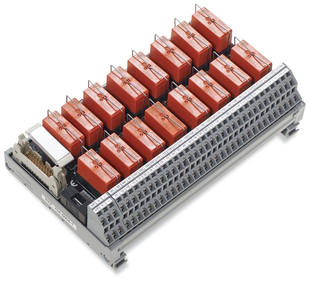 Interface module for system wiring; Pluggable connector per DIN 41651; Male connector; 20-pole; 16-channel relay output; 1 changeover contact; Double-deck PCB terminal blocks; in mounting carrier; 2,50 mm