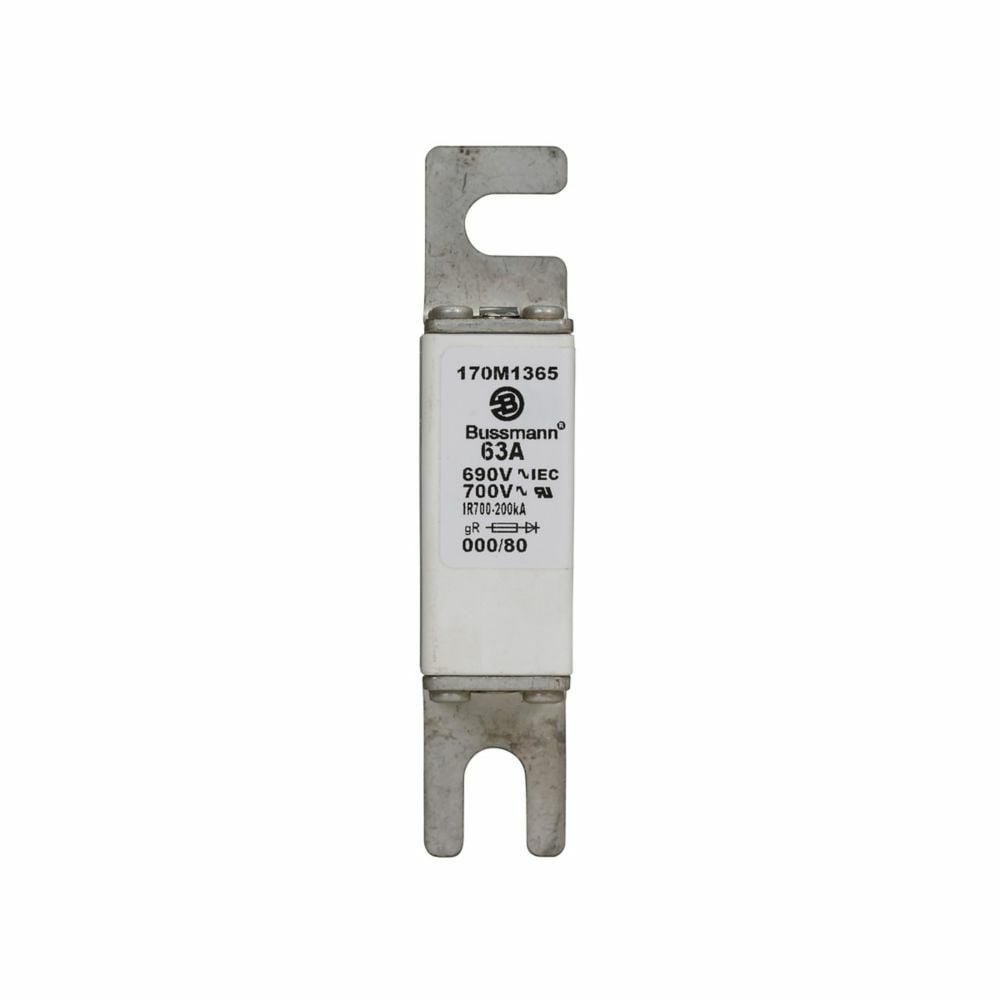 Eaton Bussmann series high speed square body fuse, 700V (UL), 690V (IEC), 63A, 200 kAIC, Top fuse status indicator, Fuse, Blade end X blade end, Class gR, DIN 43 620