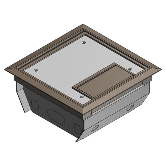 Three Compartment Raised Access Floor Module, 150 Cubic Inches, Floor Cut Out Length 7-15/16 Inches, Width 7-15/16 Inches, Cover Size Length 7-5/8 Inches, Width 7-5/8 Inches, Depth 4 Inches, Galvanized Steel with Brown Cover