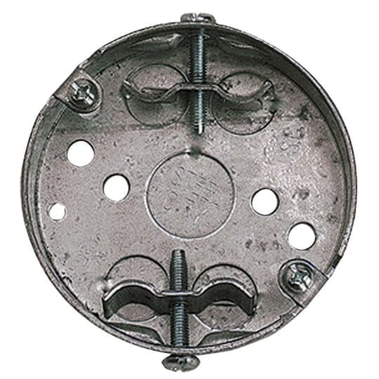 Round Box, 5.5 Cubic Inches, 3-1/4 Inch Diameter, 3/4 Inch Deep, Pre-Galvanized Steel, Drawn Construction with 1/2 Inch Knockouts, with Non-Metallic Sheathed Cable Clamp (C-10)